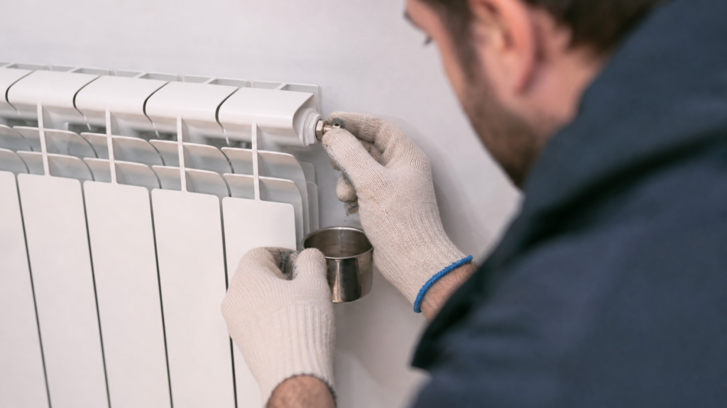 Técnico mostrando cómo purgar un radiador